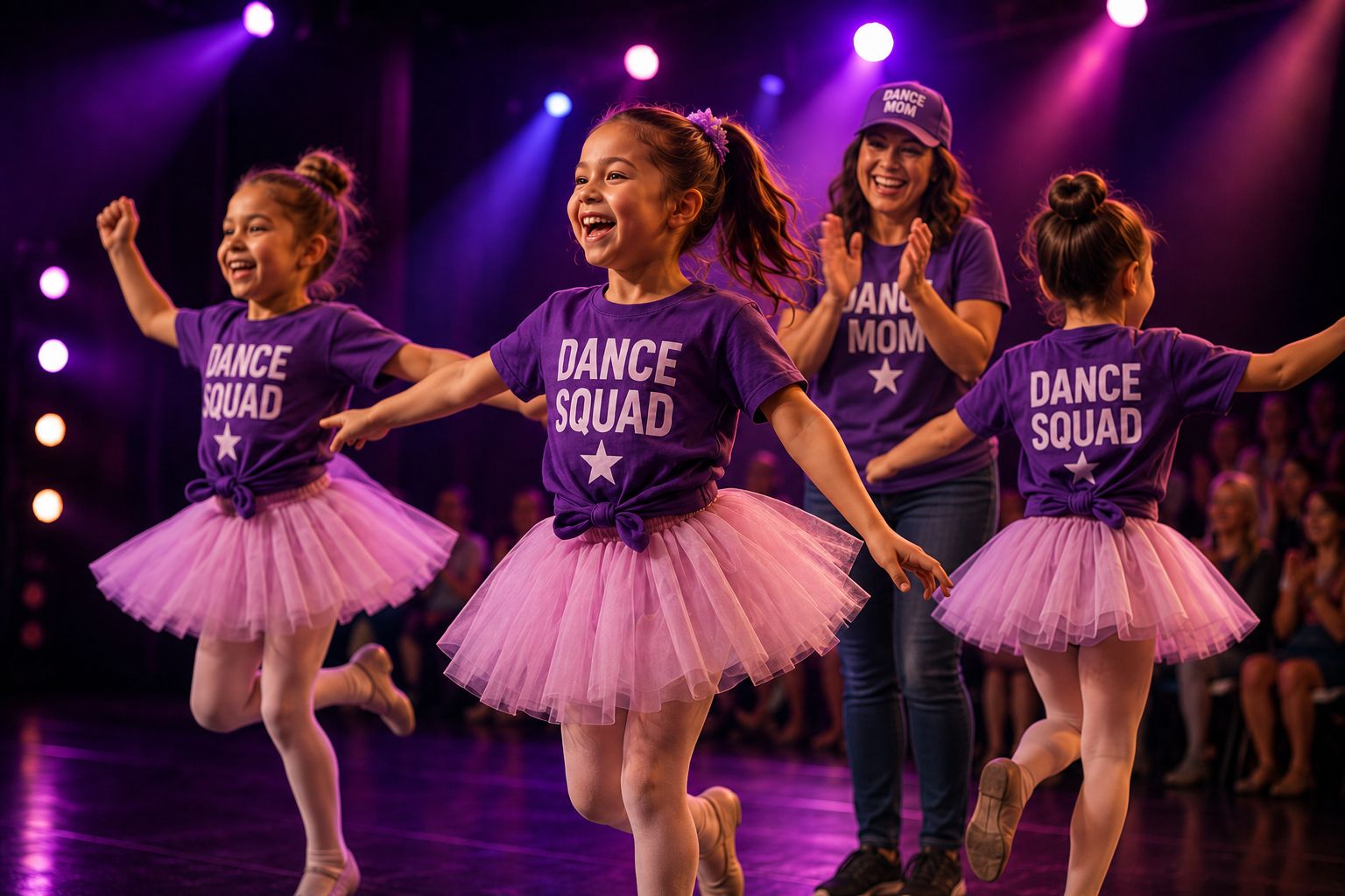 Young dancers in custom DANCE CREW shirts on stage